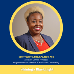 Ebony White's headshot in a circle graphic over navy blue